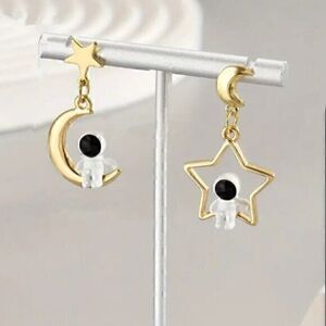 Moon Pentagram Star Shape Cute Astronaut Decor Asymmetric Dangle Earrings